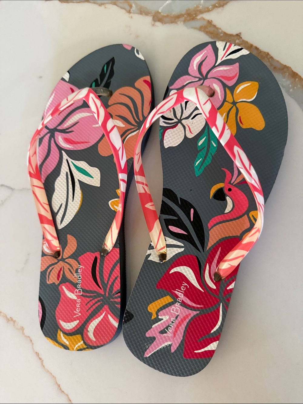 VERA BRADLEY Gray Flip Flops with Pink Floral Print